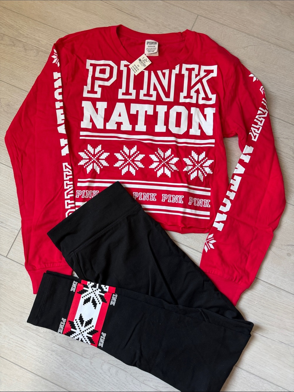 PINK Victoria's Secret Red and Black Graphic Crop Tee & Yoga Set